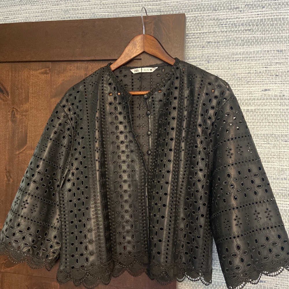 Zara- Faux Leather Black Eyelet Top